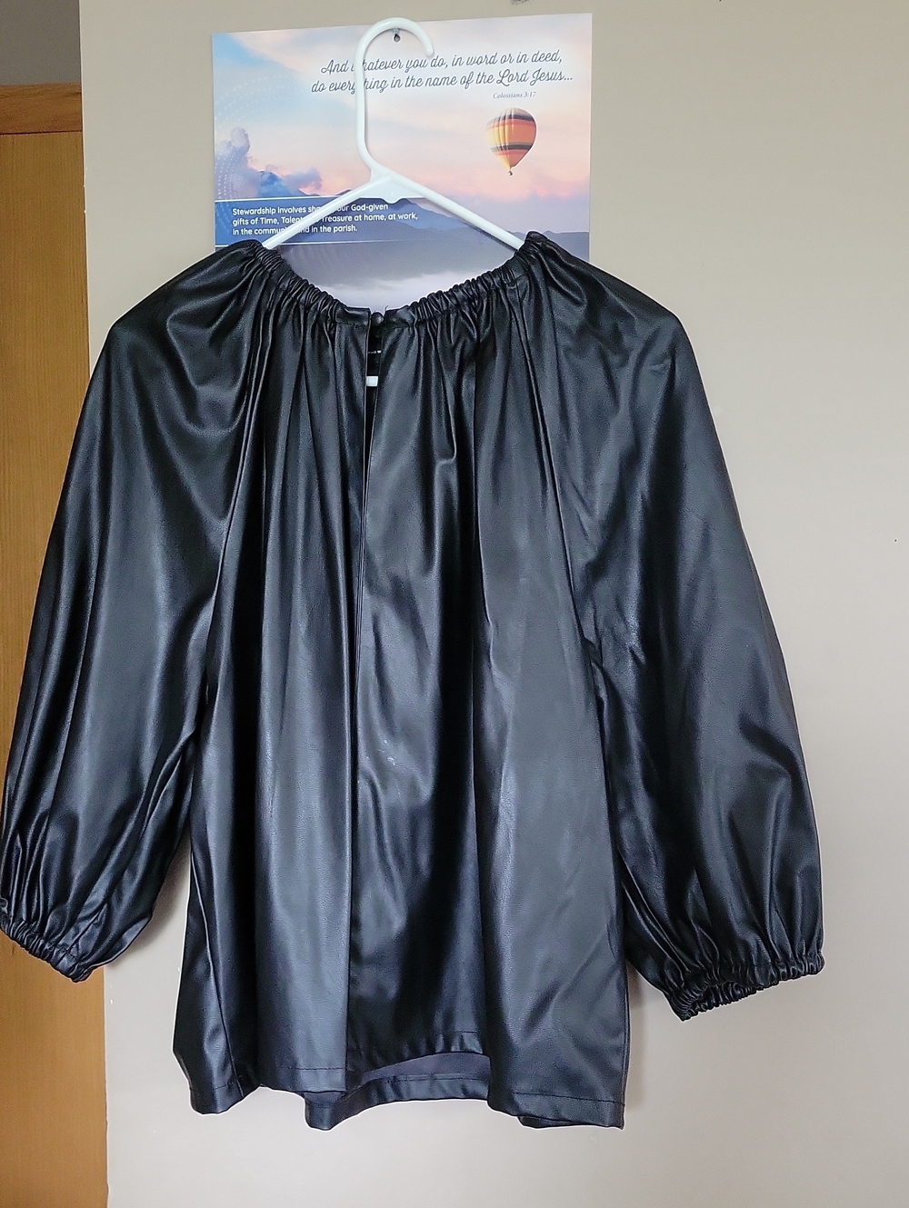 Who What Wear Black Faux Leather Peasant Blouse